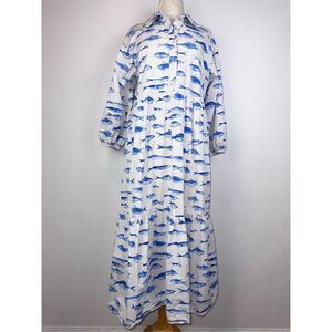 Maeve Size M Bettina Shirt Dress Blue Fish Print nwt Cotton Midi Button Front